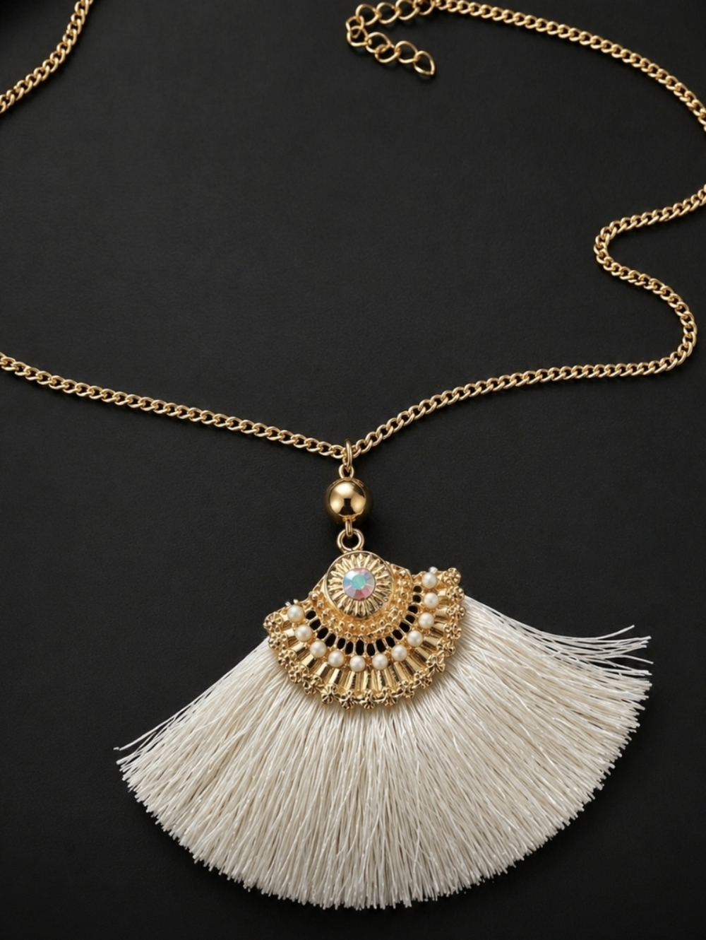 #42 Elegant Gold Tassel Fan Necklace with Ivory Fringe